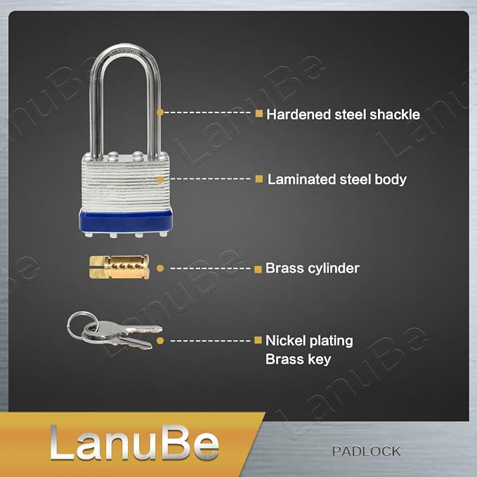 LanuBe Laminated Padlock 1-9/16inch Long Shackle 2 Pack Keyed Alike, Bulk Locks - Image 4