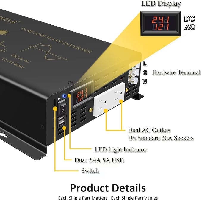 WZRELB 2500W Pure Sine Wave Power Inverter 24VDC to 120VAC 60HZ Dual AC Outlets - Image 4