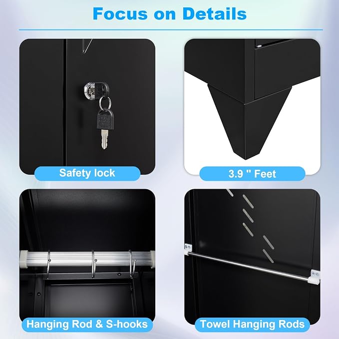 71" Broom Closet Cabinet with Hanging Rod, Tall Black Metal Storage Cabinet - Image 4