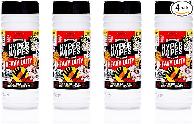 Hyper Wipes, 4 Pack Heavy Duty Hand & Tool Cleaning Wipes, Degreasing, All by JuniperCLEAN