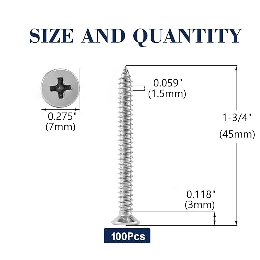 #7 x 1-3/4" Wood Screw 100Pcs 18-8 Stainless Steel Screws Flat Head Phillips - Image 2