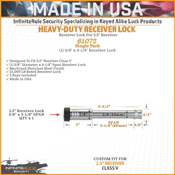 2" & 2.5" Receiver Lock, Heavy Duty Hitch Lock Pin, American Made In USA - Image 3