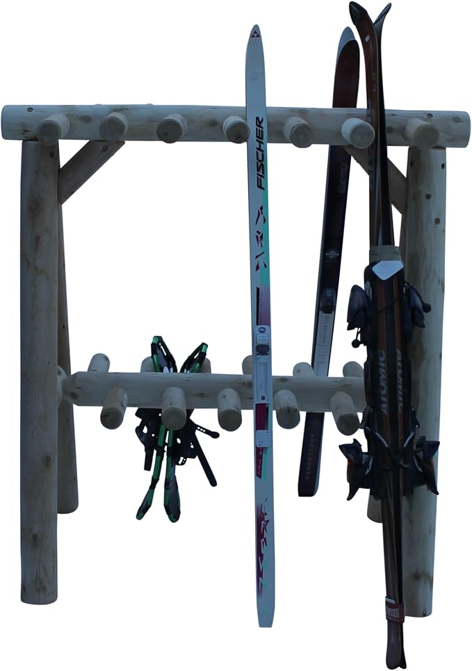 13-Place Freestanding Log Ski Rack Holder, Indoor & Outdoor Snowboard Racks by LogKayakRack