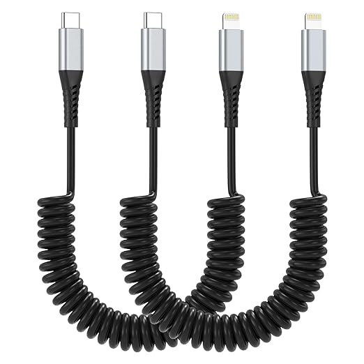 Coiled USB C to Lightning Cable, 2 Pack Retractable iPhone Charging Cable by PEAKLIFT