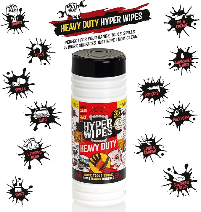 Hyper Wipes, 4 Pack Heavy Duty Hand & Tool Cleaning Wipes, Degreasing, All - Image 5