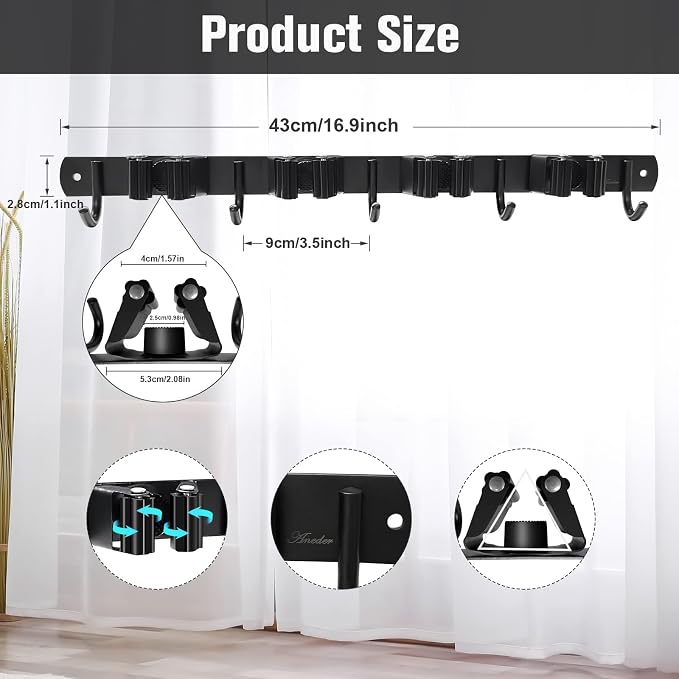 Mop and Broom Holder Wall Mount 4 Racks and 5 Hooks Broom Organizer Storage - Image 5