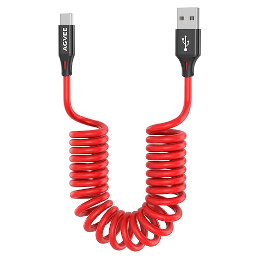 AGVEE 3ft Coiled Short USB to USB-C Charging Cable 3A Fast Charger Cord in Car by AGVEE