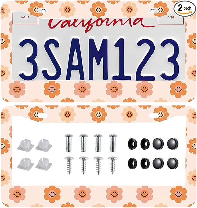 2 Pack Universal Smiley Face Flower License Plate Frame-Rustproof Aluminum by Unknown