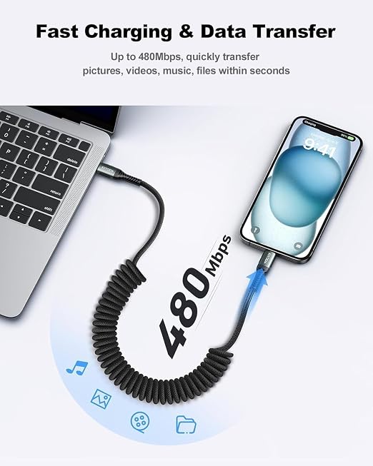 USB C Cable for Car 3FT/6FT, Coiled USB C to USB C Cable Fast Charging 66W - Image 5