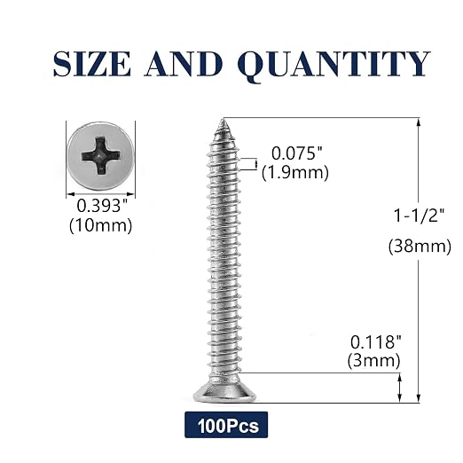 #12 x 1-1/2" Wood Screw 100Pcs 18-8 Stainless Steel Screws Flat Head Phillips - Image 2