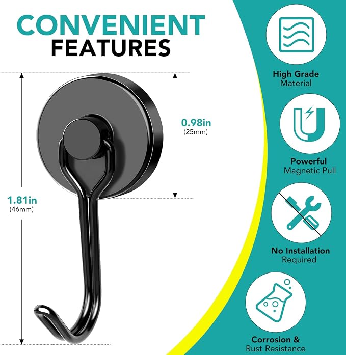 DIYMAG Black Magnetic Hooks, 80LBS Strong Magnetics Hooks Heavy Duty, Magnet - Image 2