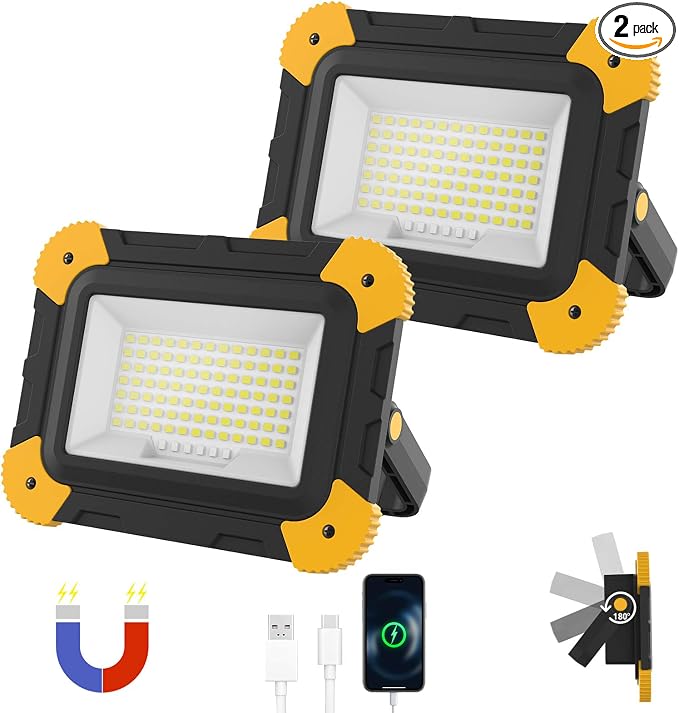 2-Pack Portable Flood Light, 4000mAh Magnetic Rechargeable LED Work Light by AUMIO