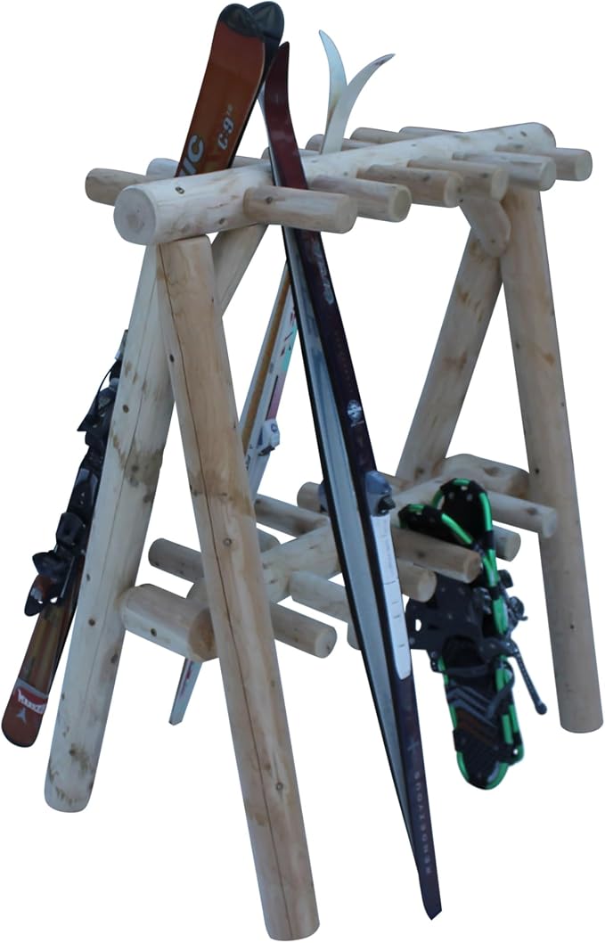 13-Place Freestanding Log Ski Rack Holder, Indoor & Outdoor Snowboard Racks by LogKayakRack
