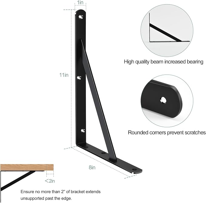 6 Pack L11 x H 8" Black Heavy Duty Shelf Brackets - Image 2