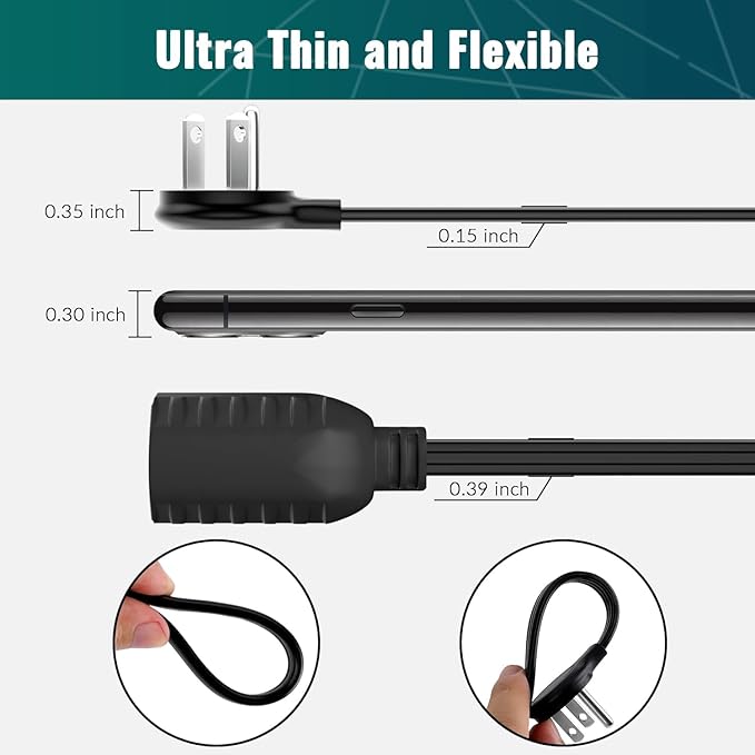Elecan Flat Plug Extension Cord 1 Ft 2 Pack - Image 2