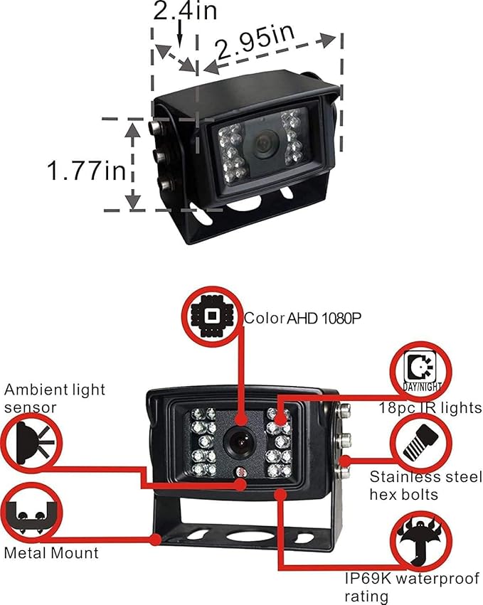 AHD 1080P 7" Reverse Rear View Backup Dual Camera System, Two Cameras - Image 5