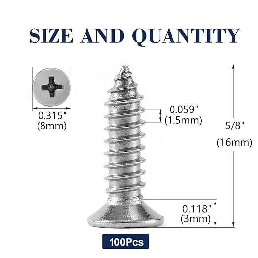 #8 x 5/8" Wood Screw 100Pcs 18-8 Stainless Steel Screws Flat Head Phillips Fast - Image 2