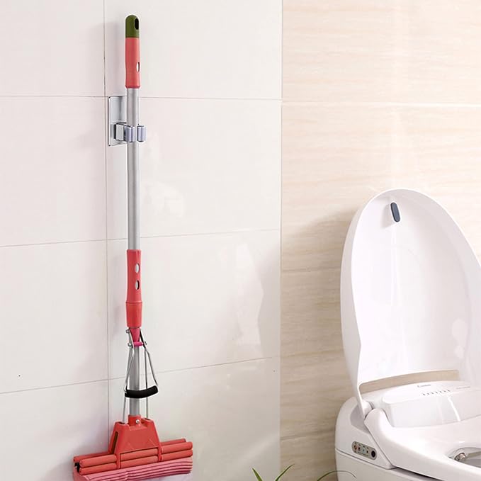 HANZE 4 Pack Stainless Steel Mop Broom Holder Organizer, Self Adhesive Wall - Image 2