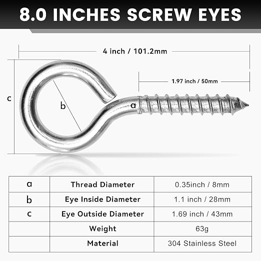 2Pcs Self Tapping Eyelet Screw Eye Bolt，4 Inch Heavy Duty Screw Eyes Hooks ，M8 - Image 2