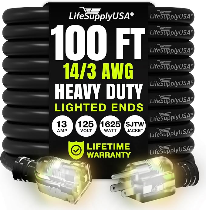 100ft Outdoor/Indoor Extension Cord 14/3 Gauge Heavy Duty 3 Prong SJTW by LifeSupplyUSA