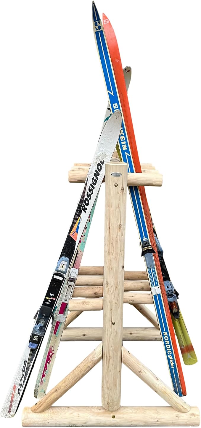 8-Place Freestanding Log Ski Rack Holder, Indoor & Outdoor Snowboard Racks by LogKayakRack