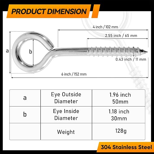 2Pcs 6 Inch Heavy Duty Screw Eyes Hooks, 304 Stainless Steel Self Tapping - Image 5