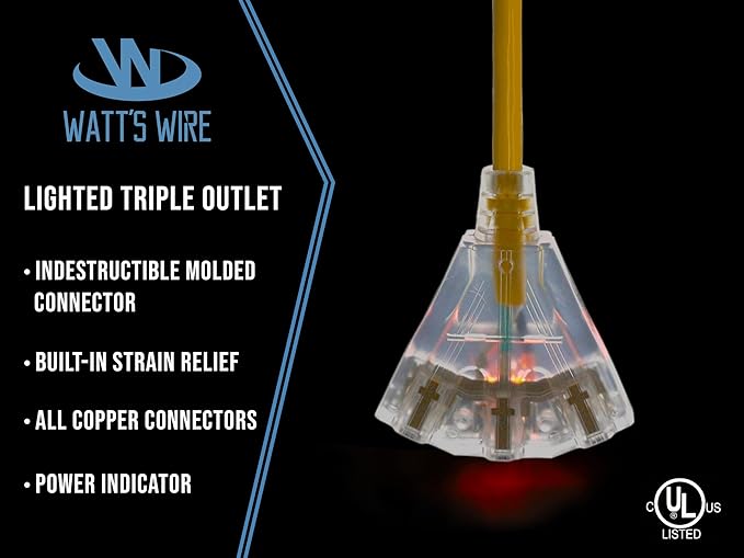 10 ft - 12 Gauge Heavy Duty Extension Cord - 3 Outlet Lighted SJTW - - Image 3