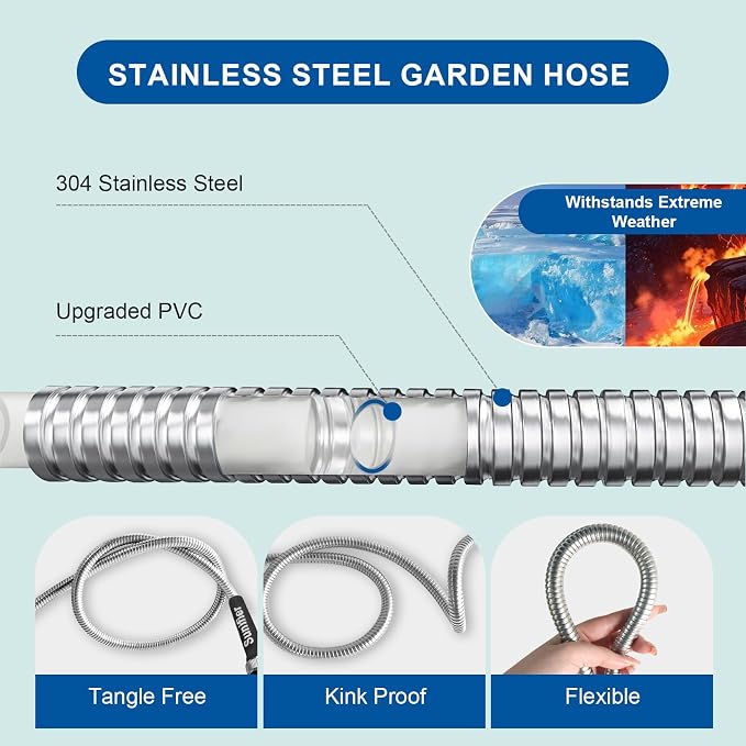 Metal Garden Hose 50 Ft With Hose Nozzle, Flexible Stainless Steel Garden Hose - Image 2