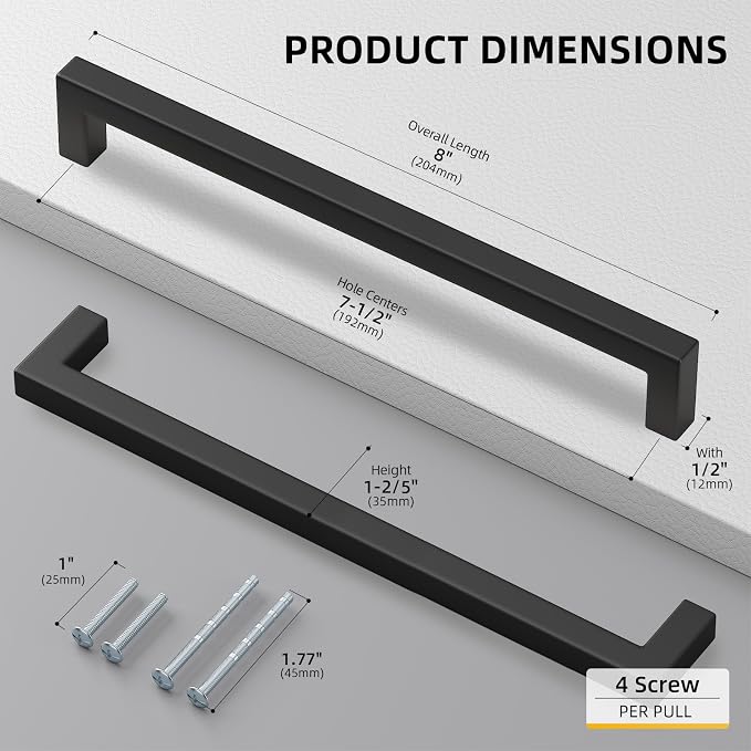 goldenwarm 200 Pack 7-1/2in Black Square Bar Cabinet Pull Drawer Handle - Image 2