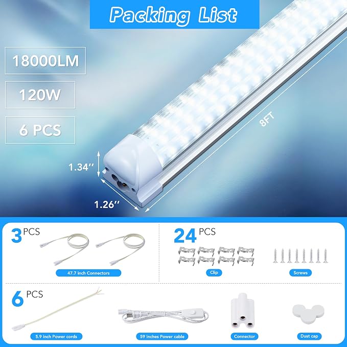 6 Pack 8FT T8 LED Shop Lights, 120W Integrated Tube Light, 19200LM 6000-6500K - Image 5