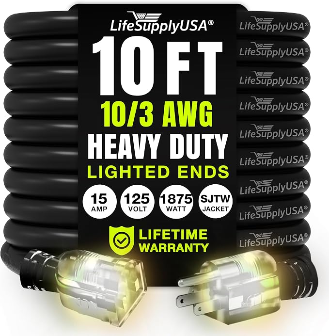 10ft Outdoor/Indoor Extension Cord 10/3 Gauge Ultra Heavy Duty 3 Prong SJTW by LifeSupplyUSA