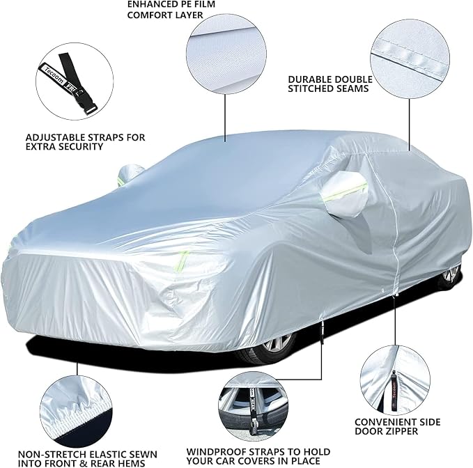 Tecoom Waterproof Sedan Car Cover Oxford W/Door Zipper, All Weather Car Cover - Image 6