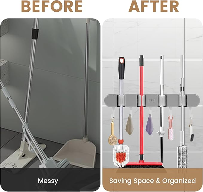 3PCS Broom Mop Holder with Hooks Wall Mounted Broom Storage Rack No Drilling - Image 4