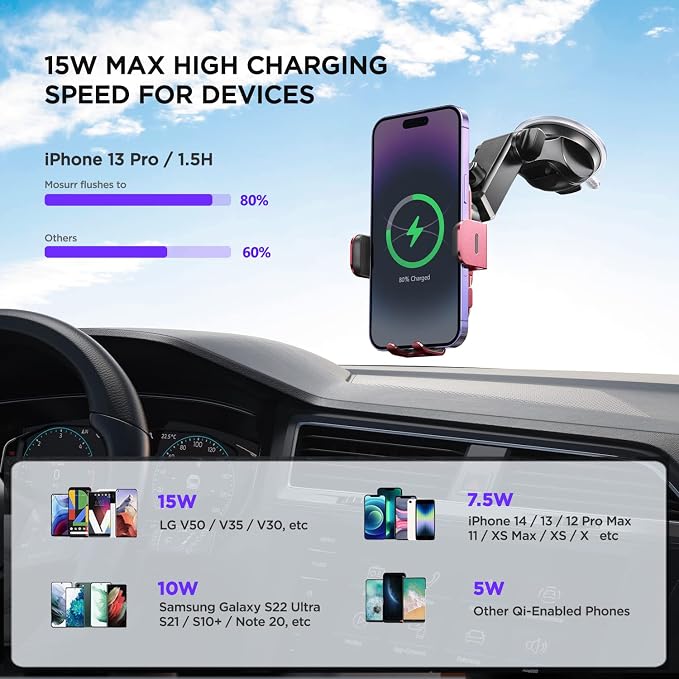 Wireless Car Charger, 【7 Colored RGB Backlit】Mosurr 15W Auto Clamping Car - Image 3