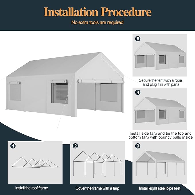 Shintenchi Carport 12' x 20' Heavy Duty Portable Garage, Car Port Canopy - Image 6