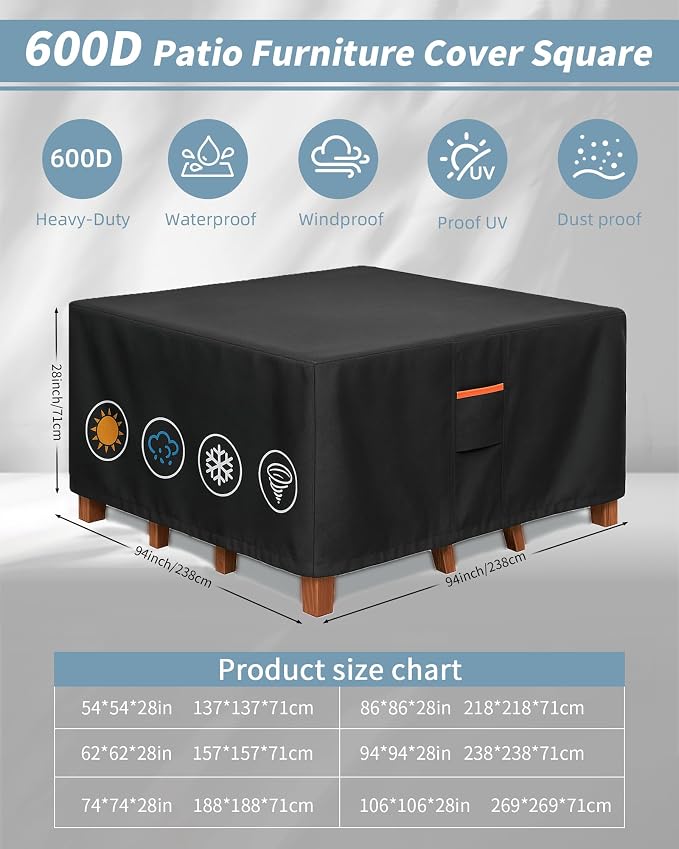 Outdoor Waterproof Furniture Cover, 94W x 94L x 28H inches Heavy Duty 600D - Image 3