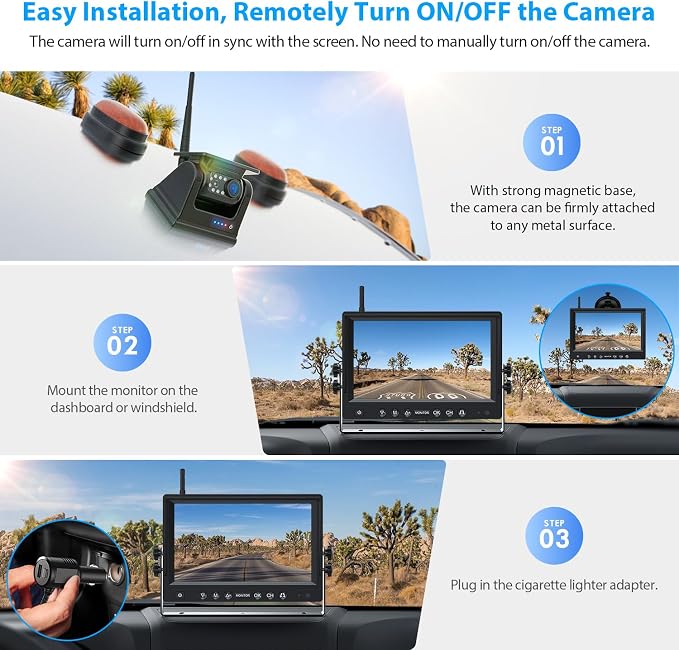 3 Magnetic Solar Wireless Backup Camera System, Quad RV Rearview Backup Cameras - Image 2