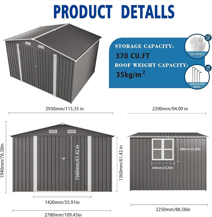 10 x 8 FT Large Outdoor Storage Shed w/Lockable Door, Heavy Duty Metal Garden - Image 3