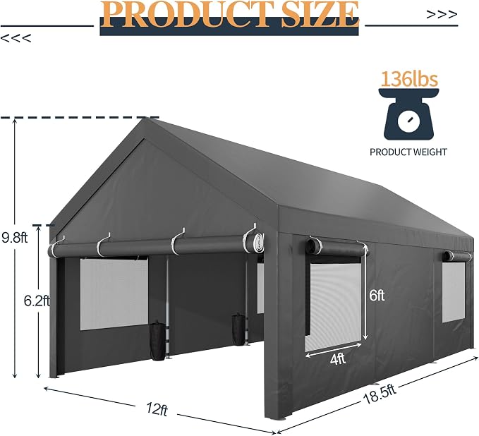 Shintenchi Carport 12' x 20' Heavy Duty Portable Garage, Car Port Canopy - Image 3