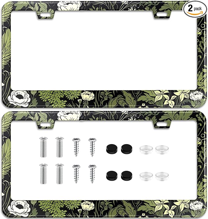 2 Pcs Sage Green Floral License Plate Frame Plant Flowers Stainless Steel by TXWWXT