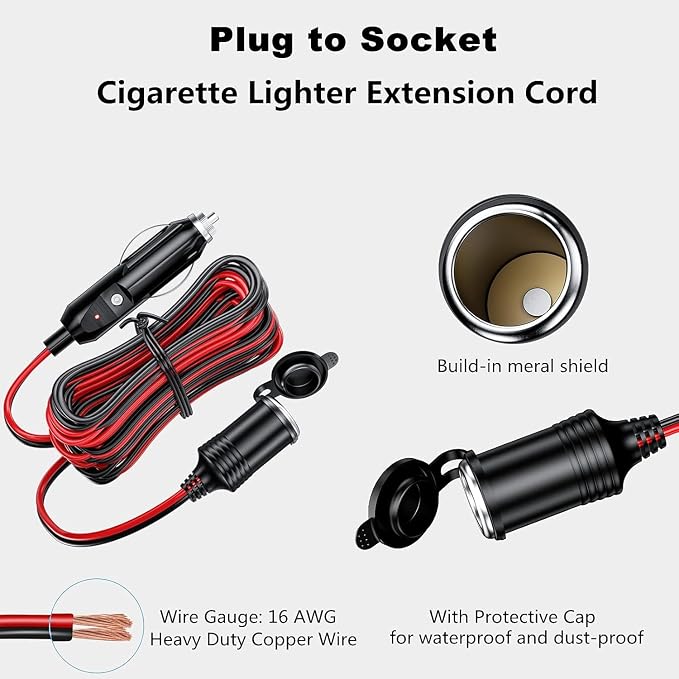 KEWIG 12/24V Car Cigarette Lighter Extension Cord - 13FT Cigarette Lighter Plug - Image 4