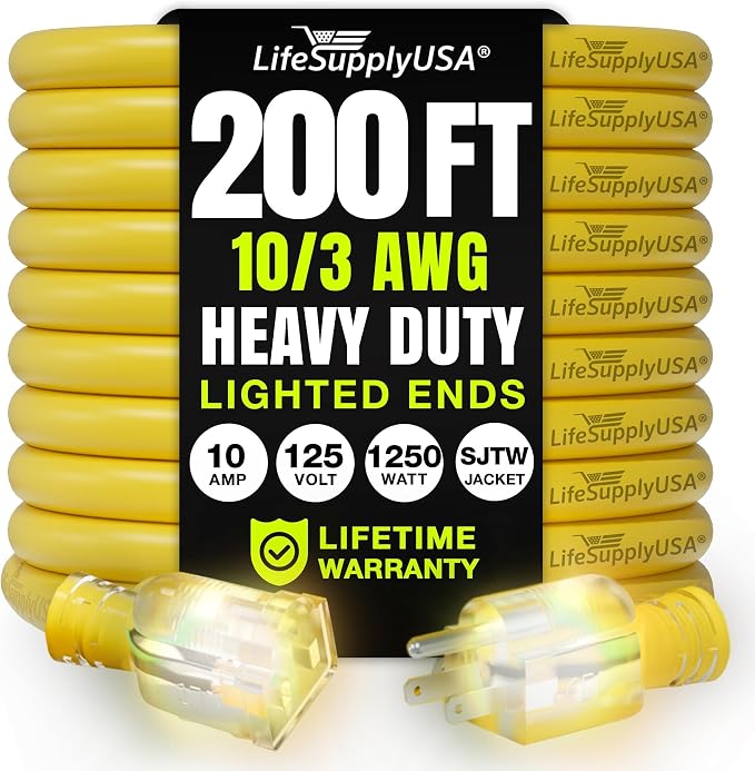 200ft Outdoor/Indoor Extension Cord 10/3 Gauge Ultra Heavy Duty 3 Prong SJTW by LifeSupplyUSA
