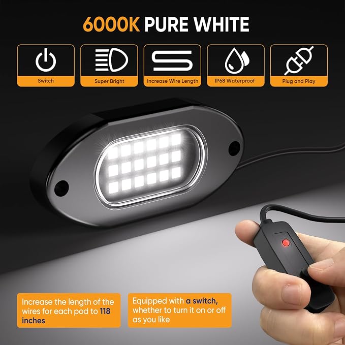 Honalia Pure White Rock Lights for Trucks 20 Pods, 6000K White LED Rock Lights - Image 2