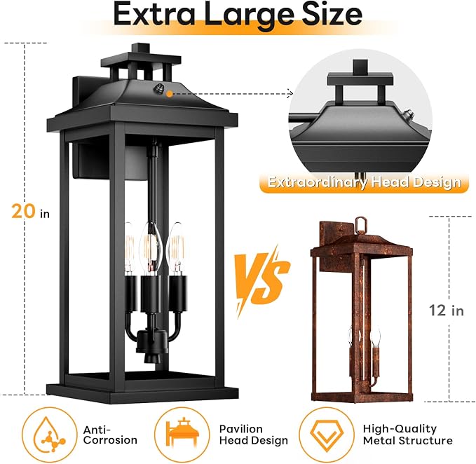 20" Large Dusk to Dawn Exterior Wall Light Fixture 3-Light, Waterproof Modern - Image 4