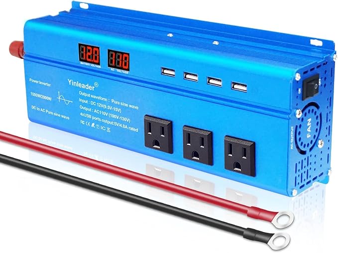 Yinleader 1000 Watt Pure Sine Wave Inverter 12V to 110V DC to AC Car Power by Yinleader