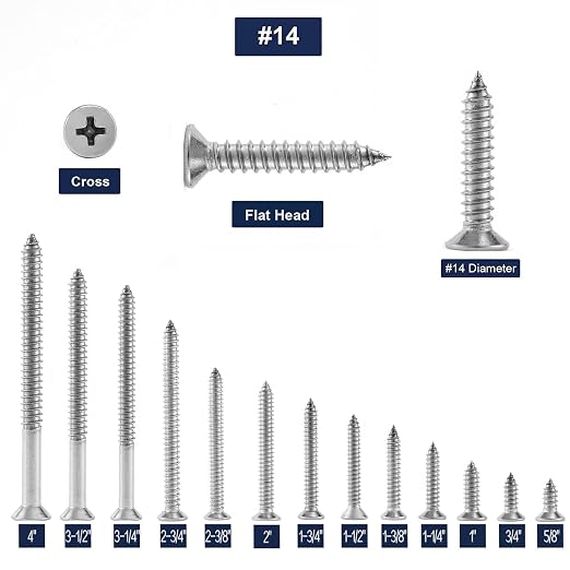 #14 x 1 Wood Screw 100Pcs 18-8 Stainless Steel Screws Flat Head Phillips Fast - Image 3