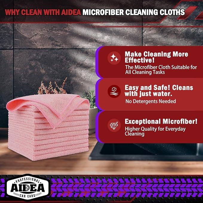 AIDEA Microfiber Cleaning Cloth Pink 10PK, Microfiber Towels - Image 2