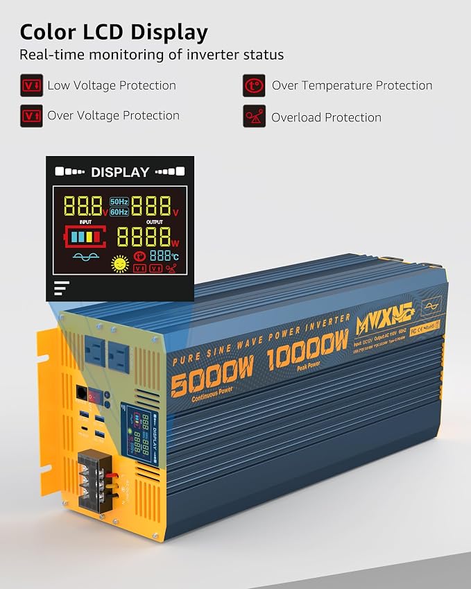5000 Watt Power Inverter Pure Sine Wave 12V DC to 110V 120V 10000W Peak Heavy - Image 3