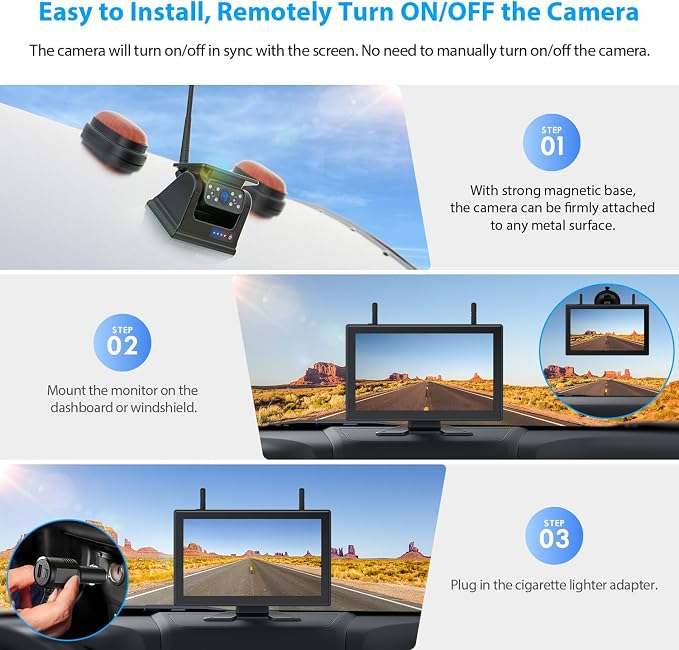 3 Magnetic Solar Wireless Backup Camera HD1080P Loop Recording 10.1 Inch - Image 2
