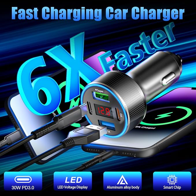 Car Charger USB C, 78W 4 Port Fast Charging Car Phone Charger Adapter, Dual - Image 2
